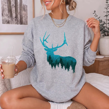 Topographic Bull Elk Sweatshirt Women model in Sport Grey