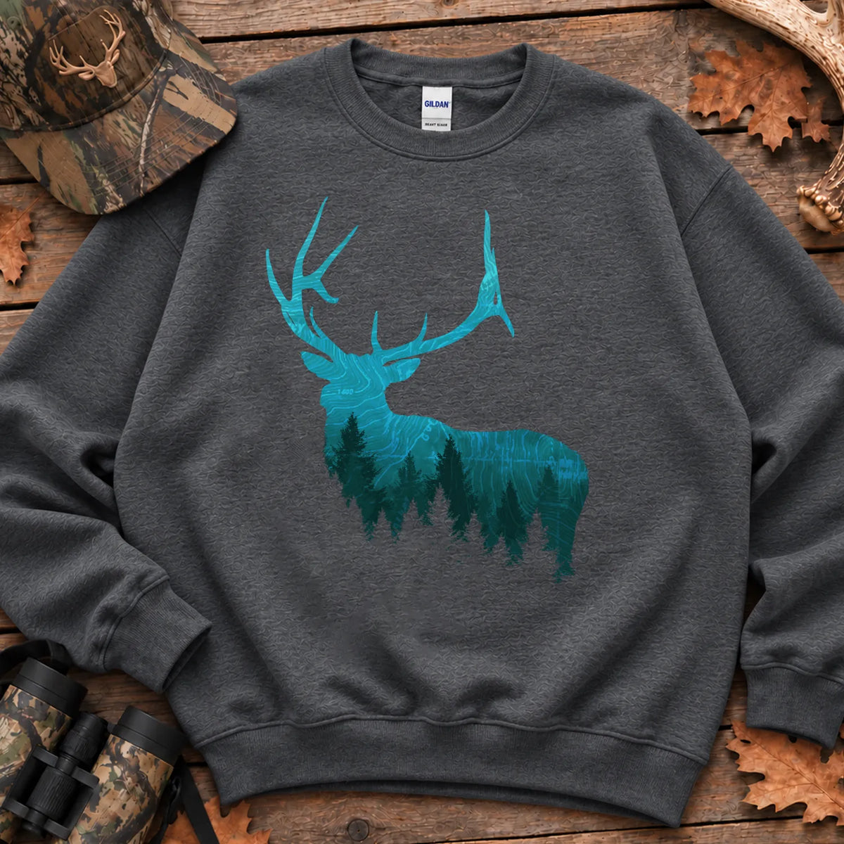 Topographic Bull Elk Sweatshirt in Dark Heather