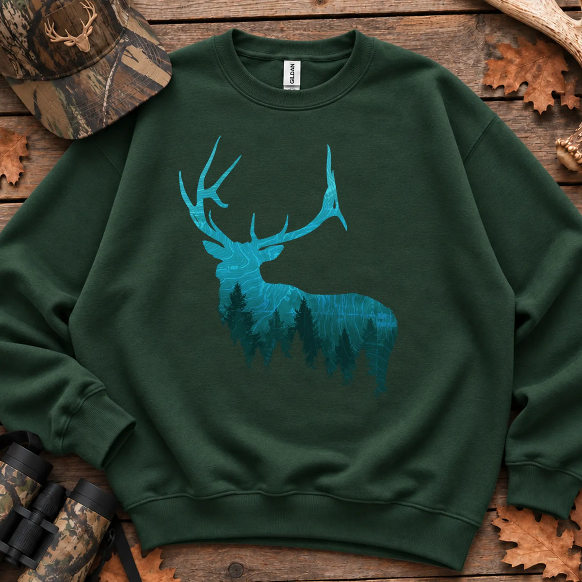 Topographic Bull Elk Sweatshirt in Forest Green