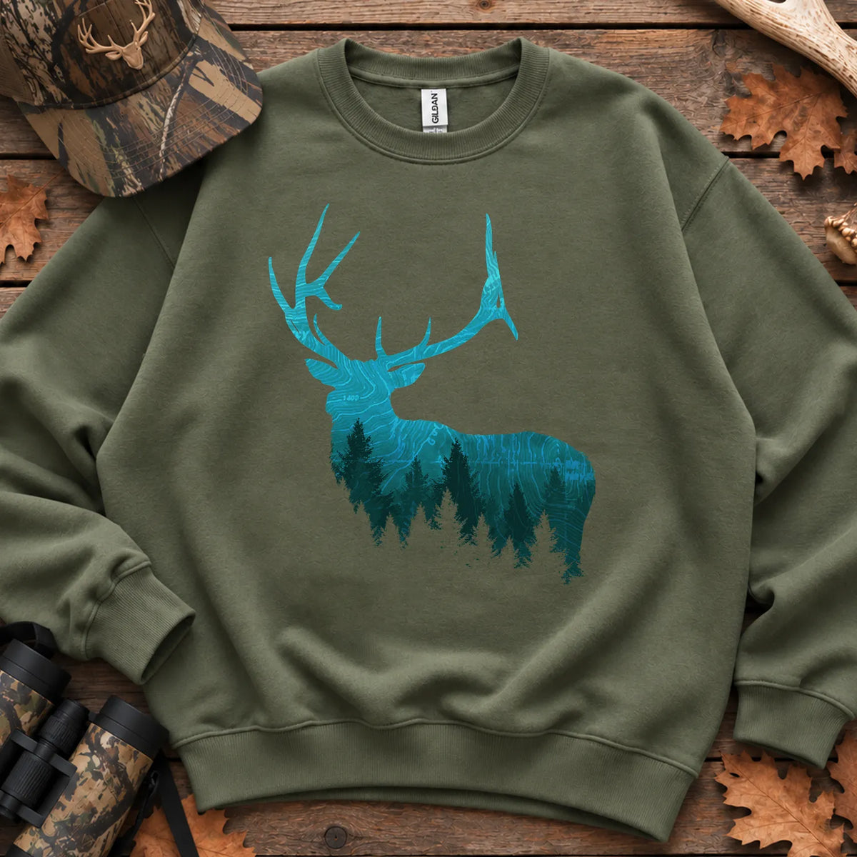 Topographic Bull Elk Sweatshirt in Military Green