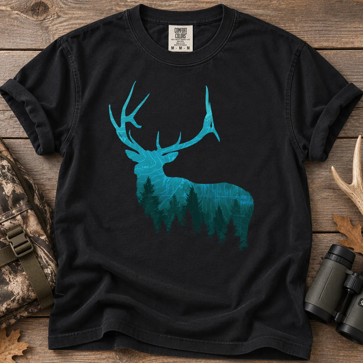 Topographic Bull Elk T-Shirt in Black