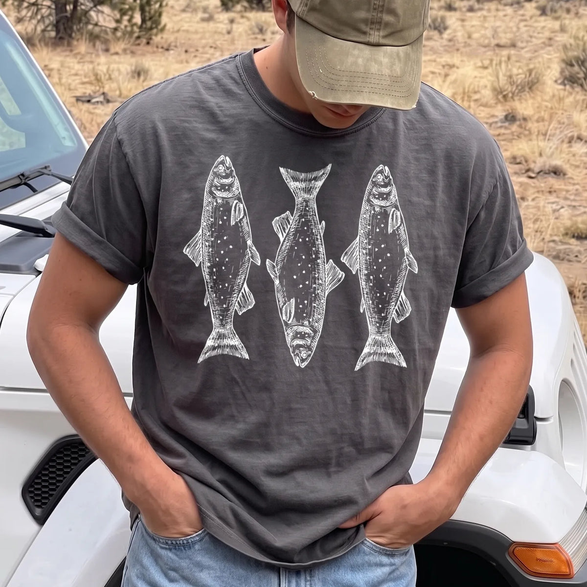 Trout Tattoo Trio T-Shirt Men model in Pepper