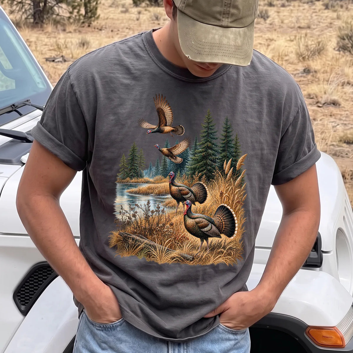 Turkey Pond Wilderness T-Shirt Men model in Pepper