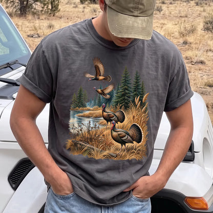 Turkey Pond Wilderness T-Shirt Men model in Pepper