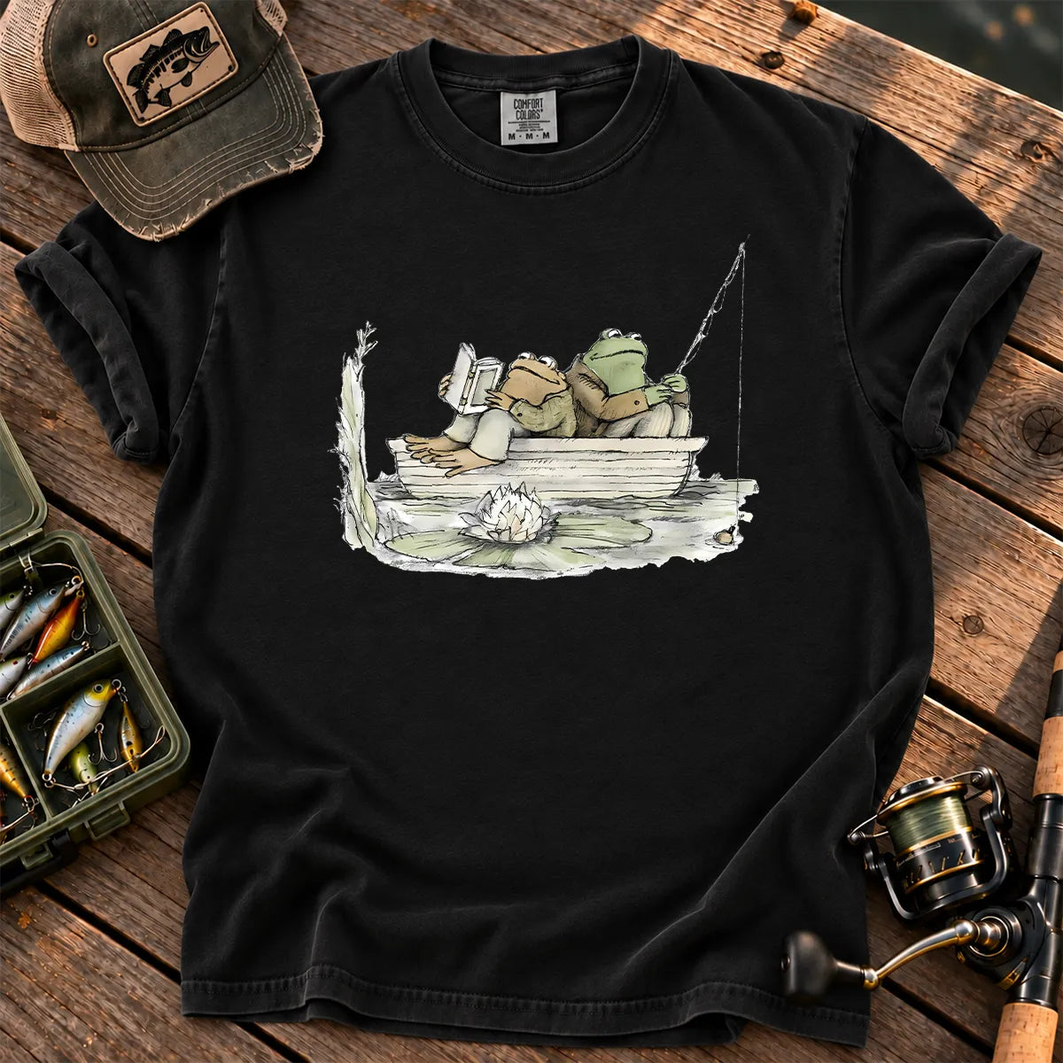 Two Frog Friends Fishing T-Shirt in Black