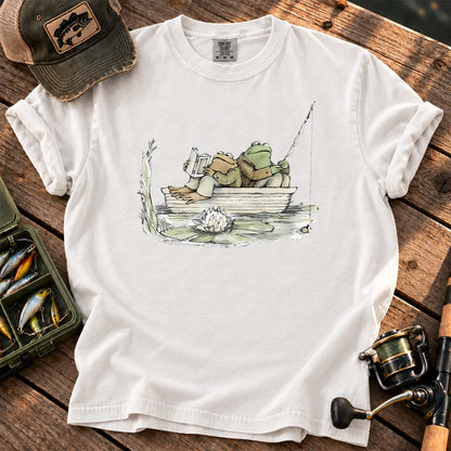 Two Frog Friends Fishing T-Shirt in White