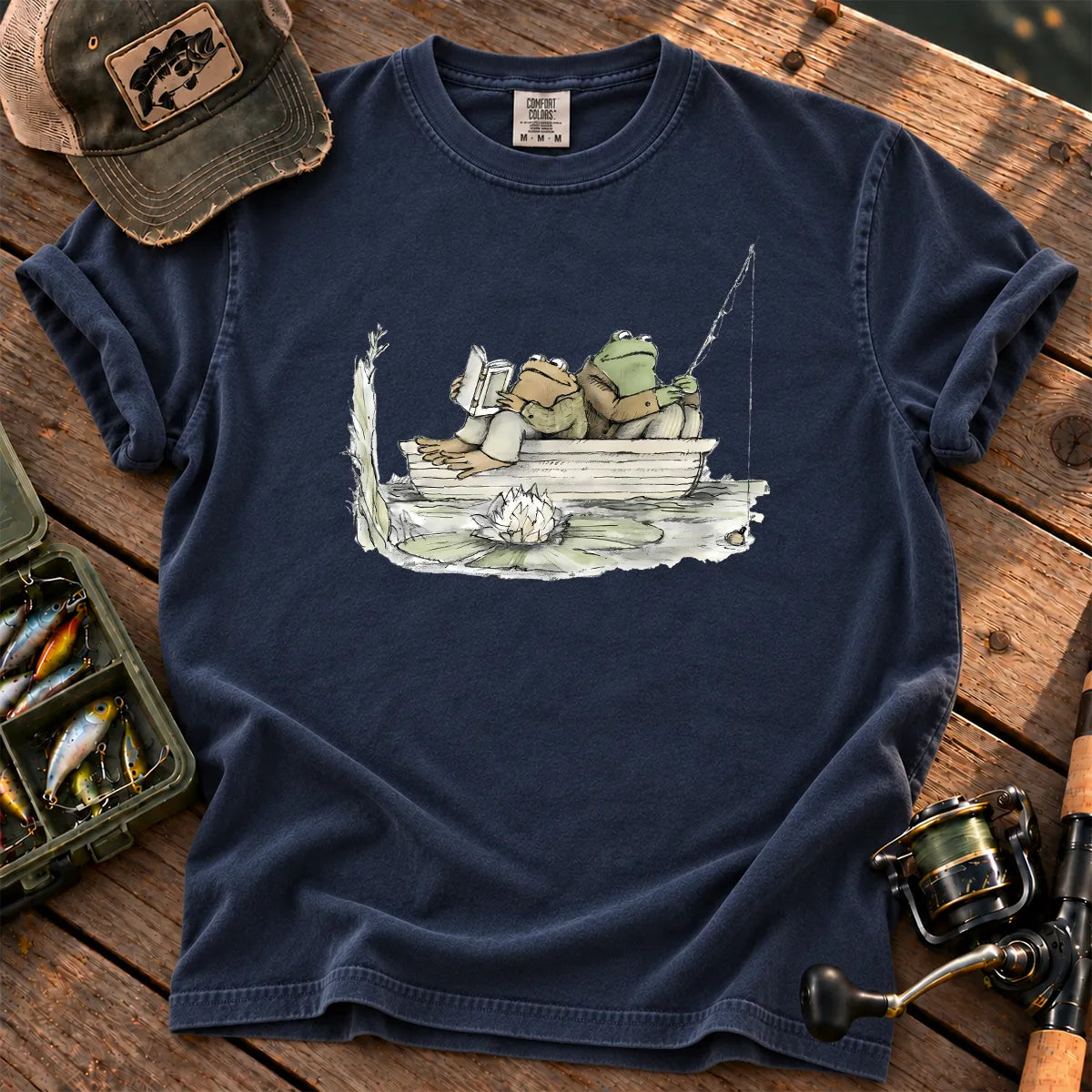 Two Frog Friends Fishing T-Shirt in True Navy