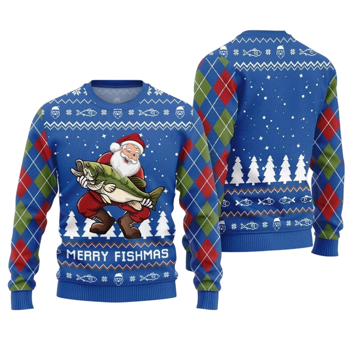 Flat front and back of a blue Merry Fishmas sweater with Santa holding a green bass