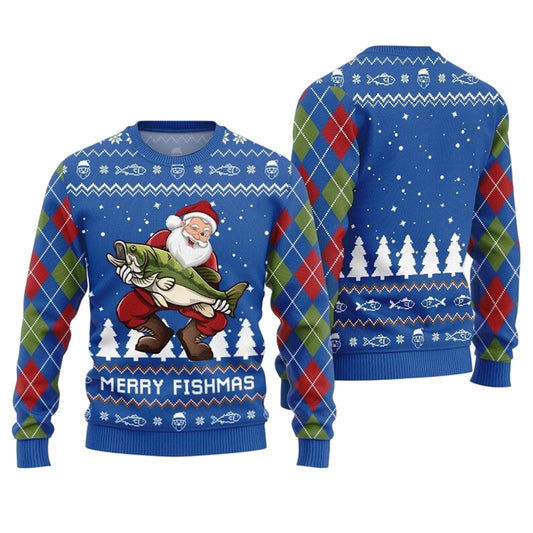 Flat front and back of a blue Merry Fishmas sweater with Santa holding a green bass
