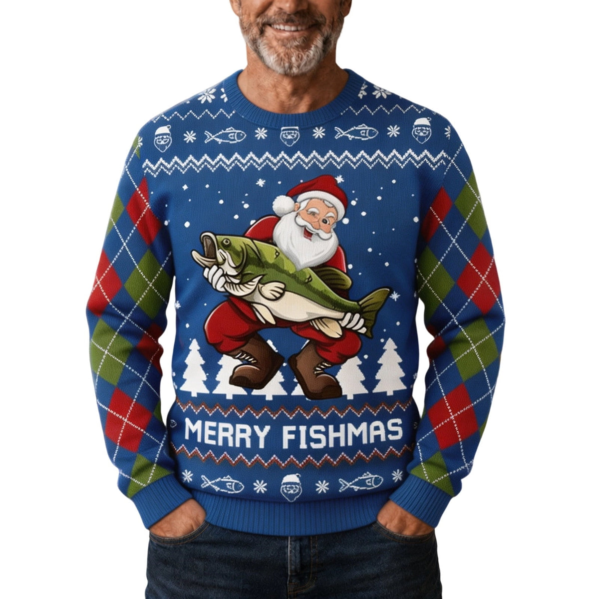 Man wearing the blue Merry Fishmas sweater, Santa holding a green bass