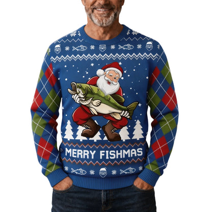 Man wearing the blue Merry Fishmas sweater, Santa holding a green bass