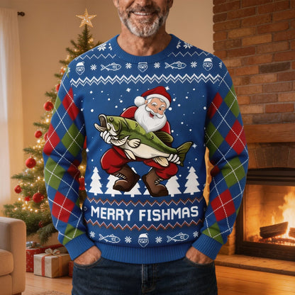 Man wearing the same Merry Fishmas Santa bass sweater indoors by a fireplace