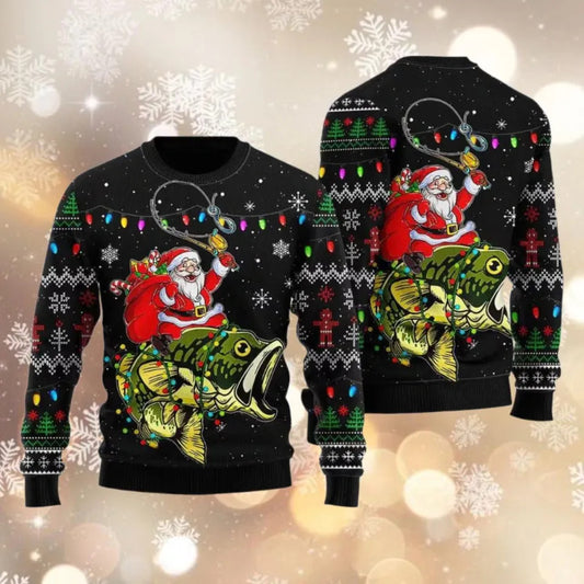 Front and back of a black sweater with Santa riding a lighted green bass