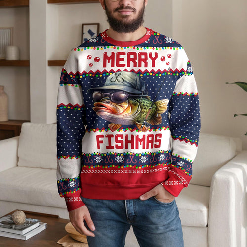 Man wearing a navy Merry Fishmas sweater with a largemouth bass in a gray cap and sunglasses