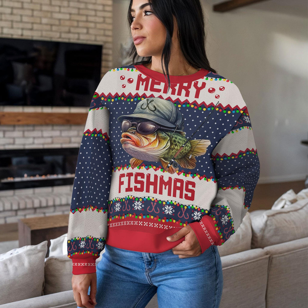 Woman in a side view of the Merry Fishmas bass cap sweater
