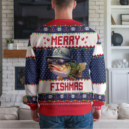 Back view of the Merry Fishmas sweater with the bass graphic repeated