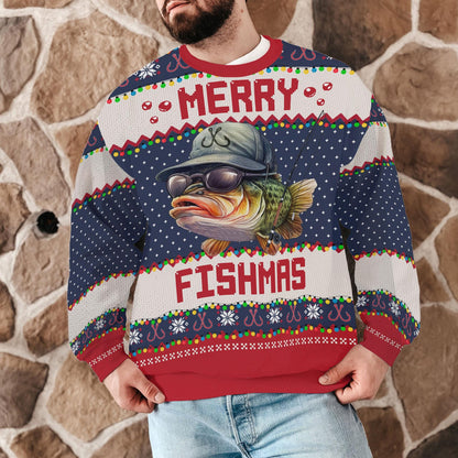 Man wearing the Merry Fishmas bass sweater against a stone wall