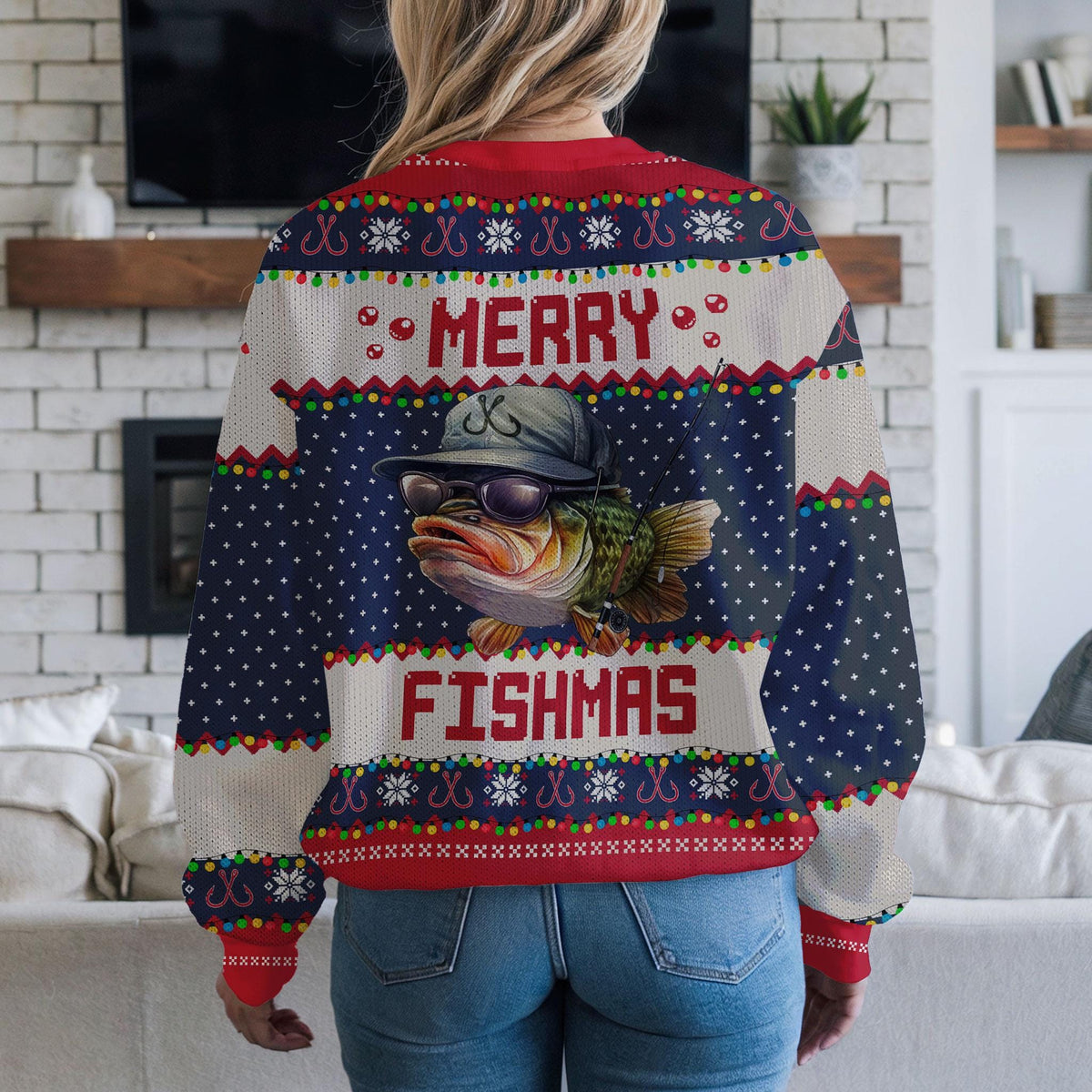 Woman wearing the back of the Merry Fishmas bass cap sweater