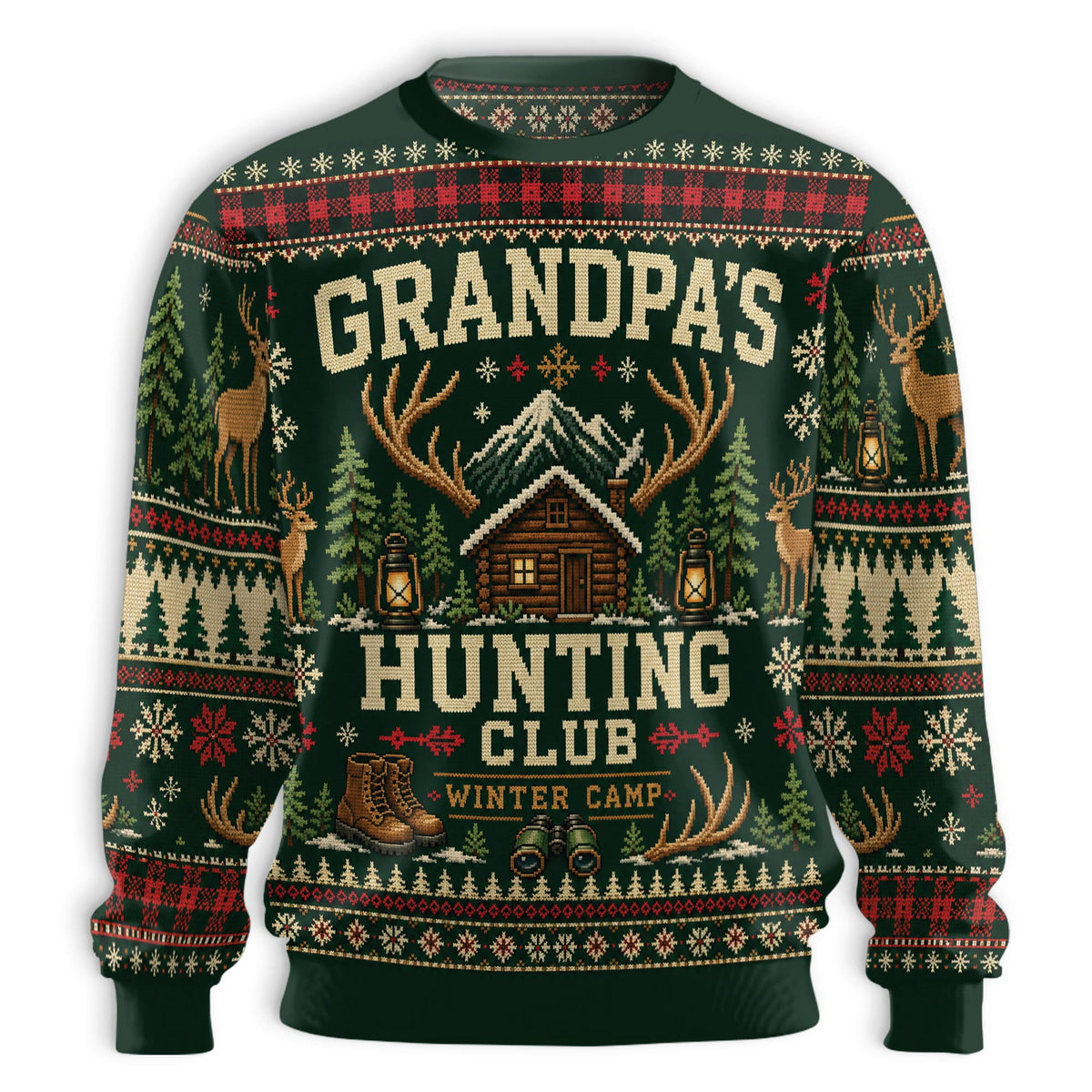 Front flat of a green sweater reading Grandpas Hunting Club Winter Camp