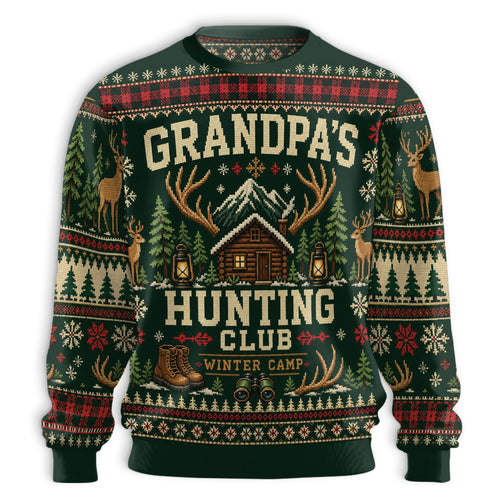 Front flat of a green sweater reading Grandpas Hunting Club Winter Camp