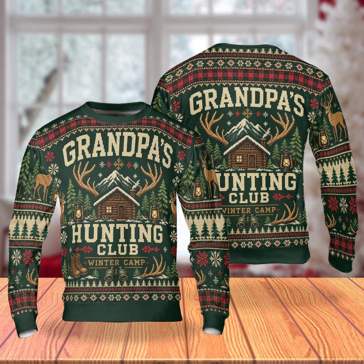 Front and back flats of the hunting club cabin sweater