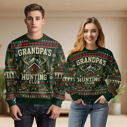 Man and woman wearing the green Grandpas Hunting Club sweater