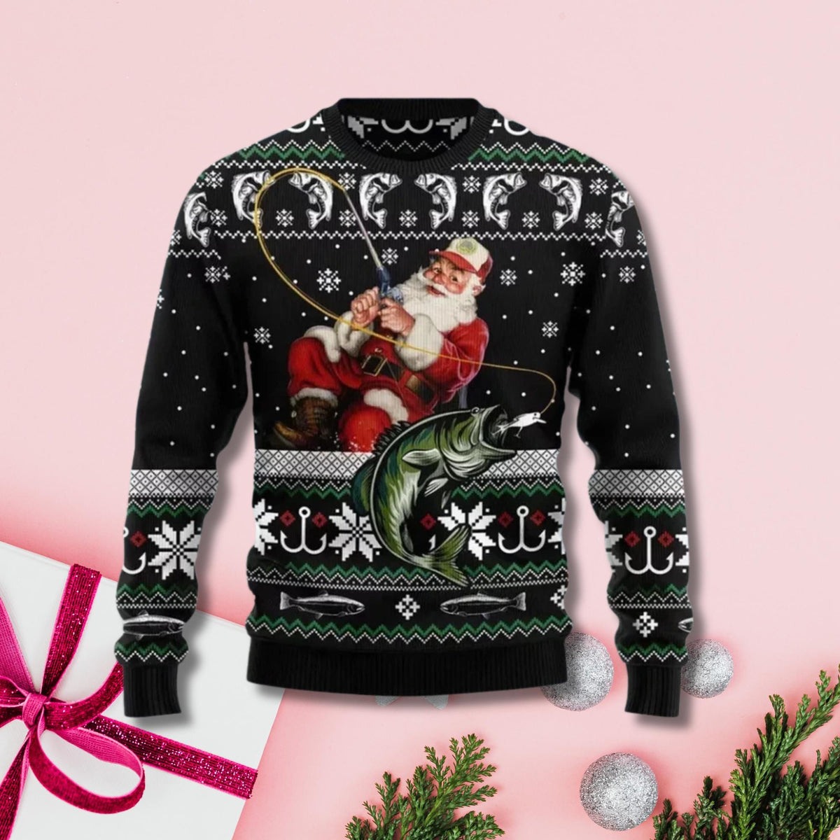 Front flat of a pink ugly Christmas sweater with Santa reeling and a jumping bass on the line
