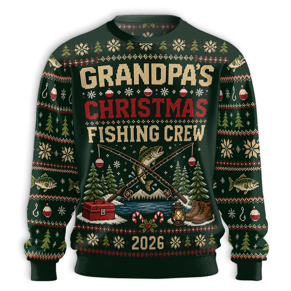 Front flat reading Grandpas Christmas Fishing Crew 2026 with crossed rods and a bass