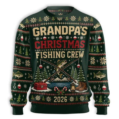 Front flat reading Grandpas Christmas Fishing Crew 2026 with crossed rods and a bass