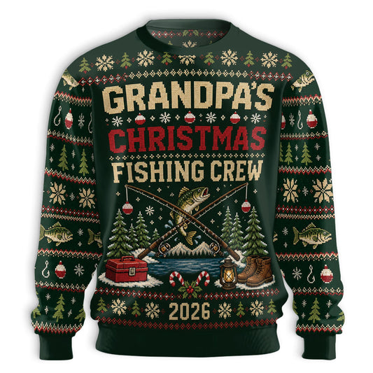 Front flat reading Grandpas Christmas Fishing Crew 2026 with crossed rods and a bass