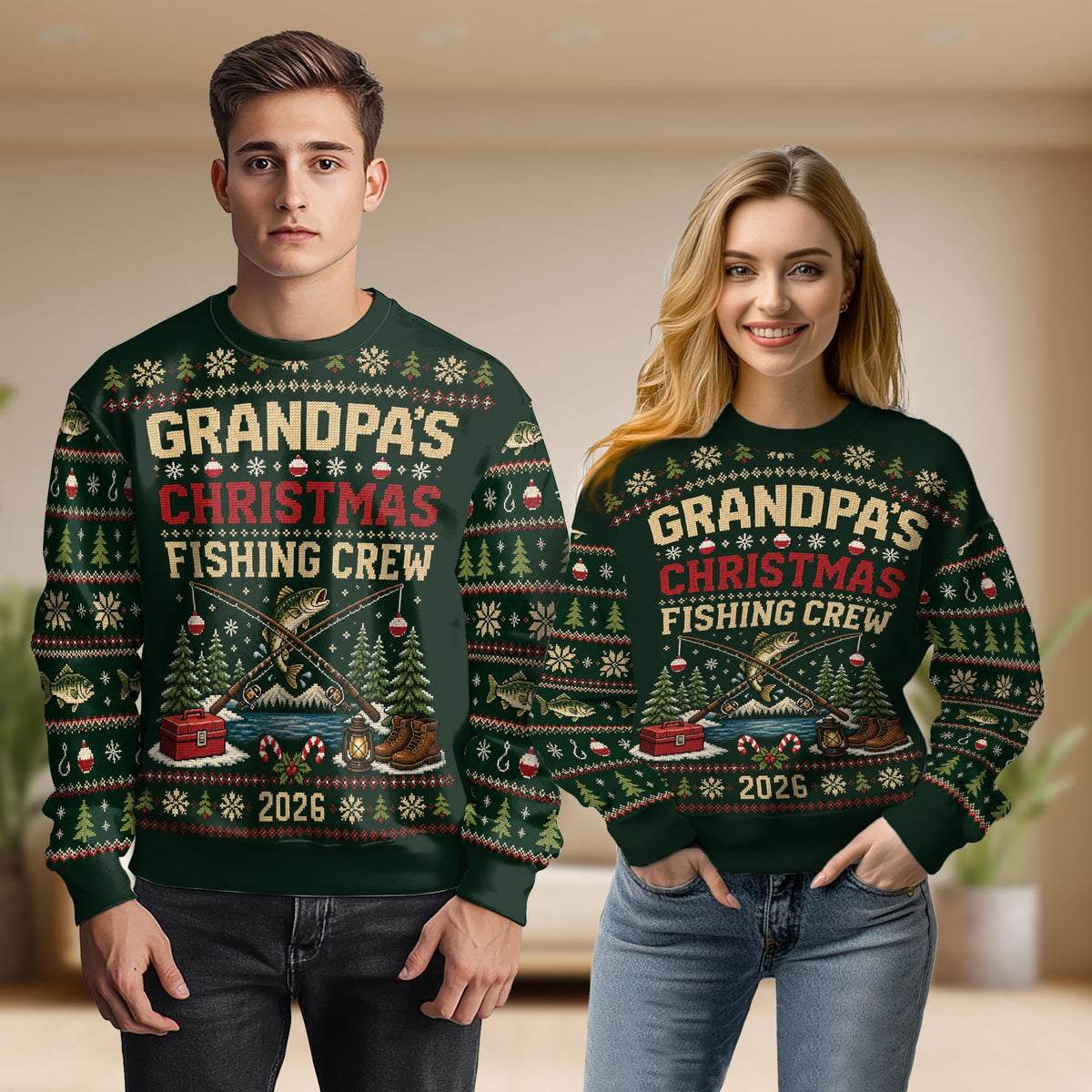 Man and woman wearing the green fishing crew sweater
