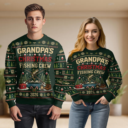 Man and woman wearing the green fishing crew sweater