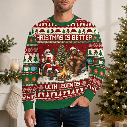 Man wearing the Christmas Is Better with Legends campfire sweater