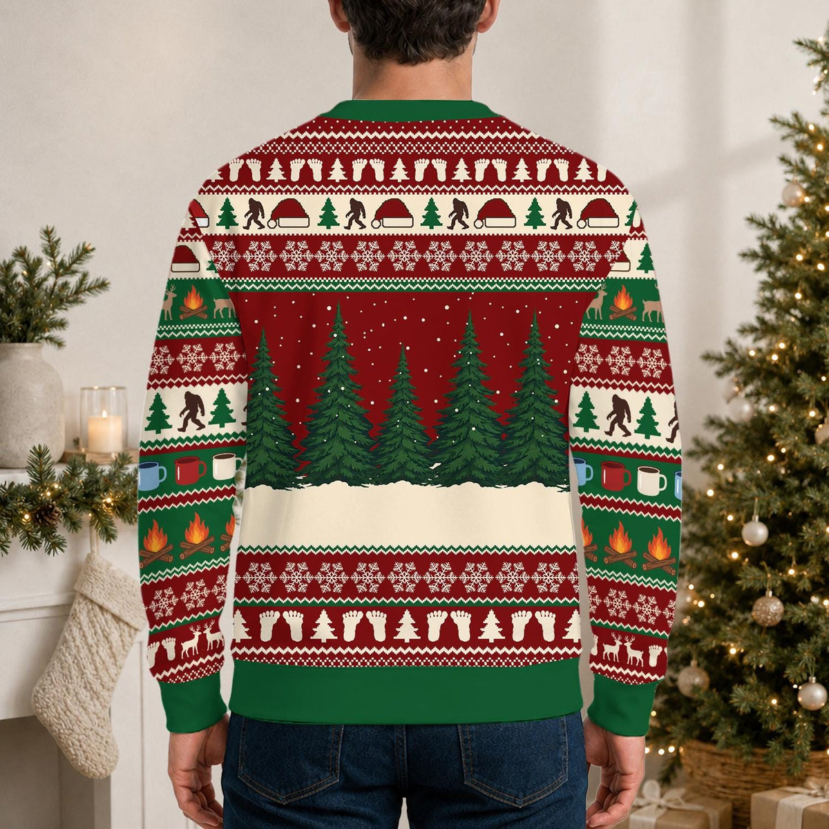 Back of the sweater with five pine trees and footprint borders