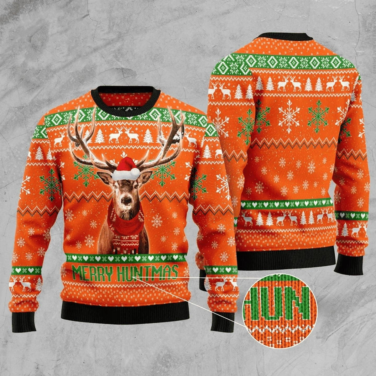 Front and back of an orange sweater with a deer in a Santa hat and Merry Huntmas