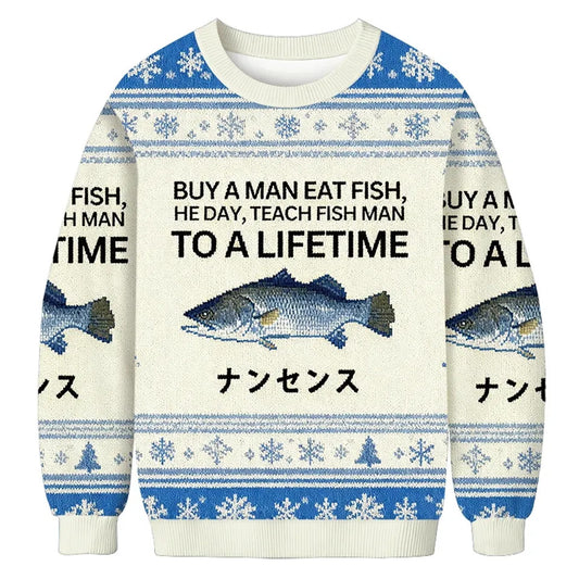 Front flat of a cream sweater with a scrambled fish proverb and a katakana line