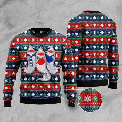 Front and back of a fair-isle ugly Christmas sweater with three dressed cartoon sharks