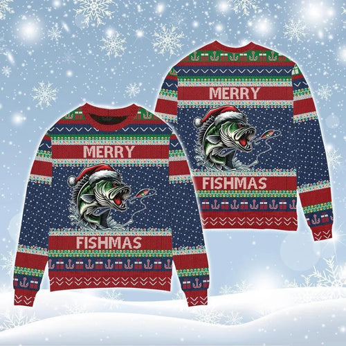Front and back flats of a navy Merry Fishmas sweater with a jumping Santa-hat bass