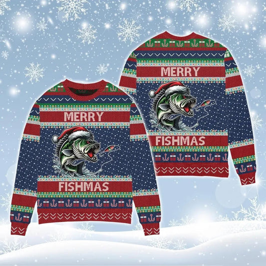 Front and back flats of a navy Merry Fishmas sweater with a jumping Santa-hat bass