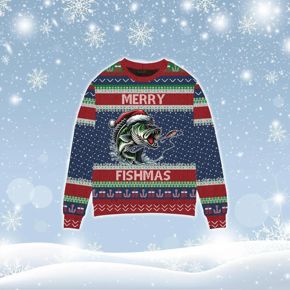 Front flat of the jumping bass Merry Fishmas sweater on a snowy background