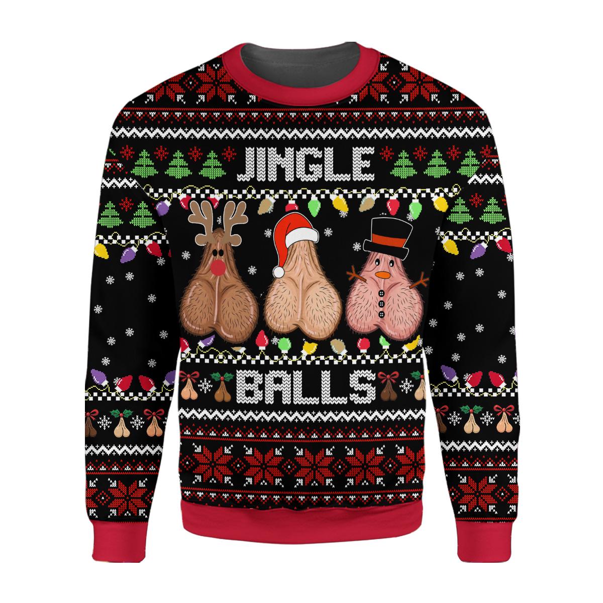 Front flat of an adult ugly Christmas sweater with the words Jingle Balls