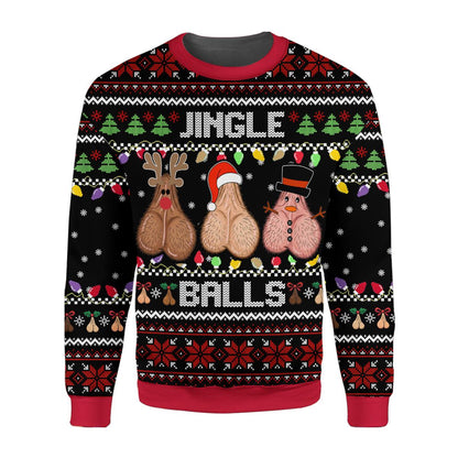Front flat of an adult ugly Christmas sweater with the words Jingle Balls