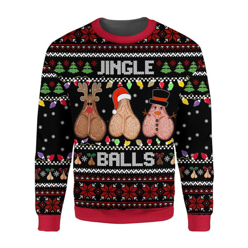Front flat of an adult ugly Christmas sweater with the words Jingle Balls