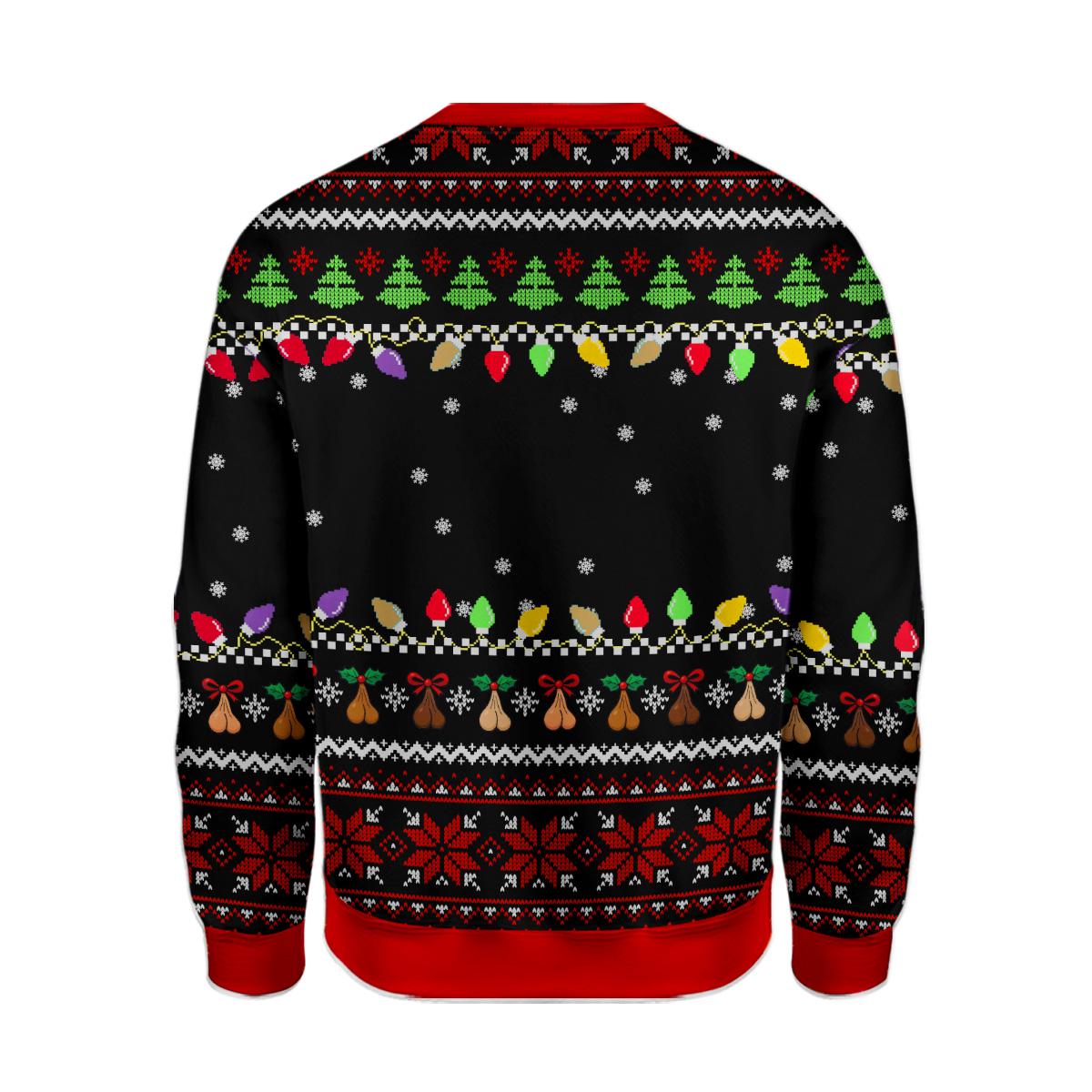 Back flat of the Jingle Balls sweater with lights, trees, and small repeating icons