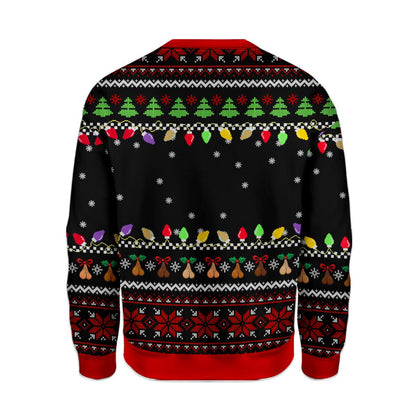 Back flat of the Jingle Balls sweater with lights, trees, and small repeating icons
