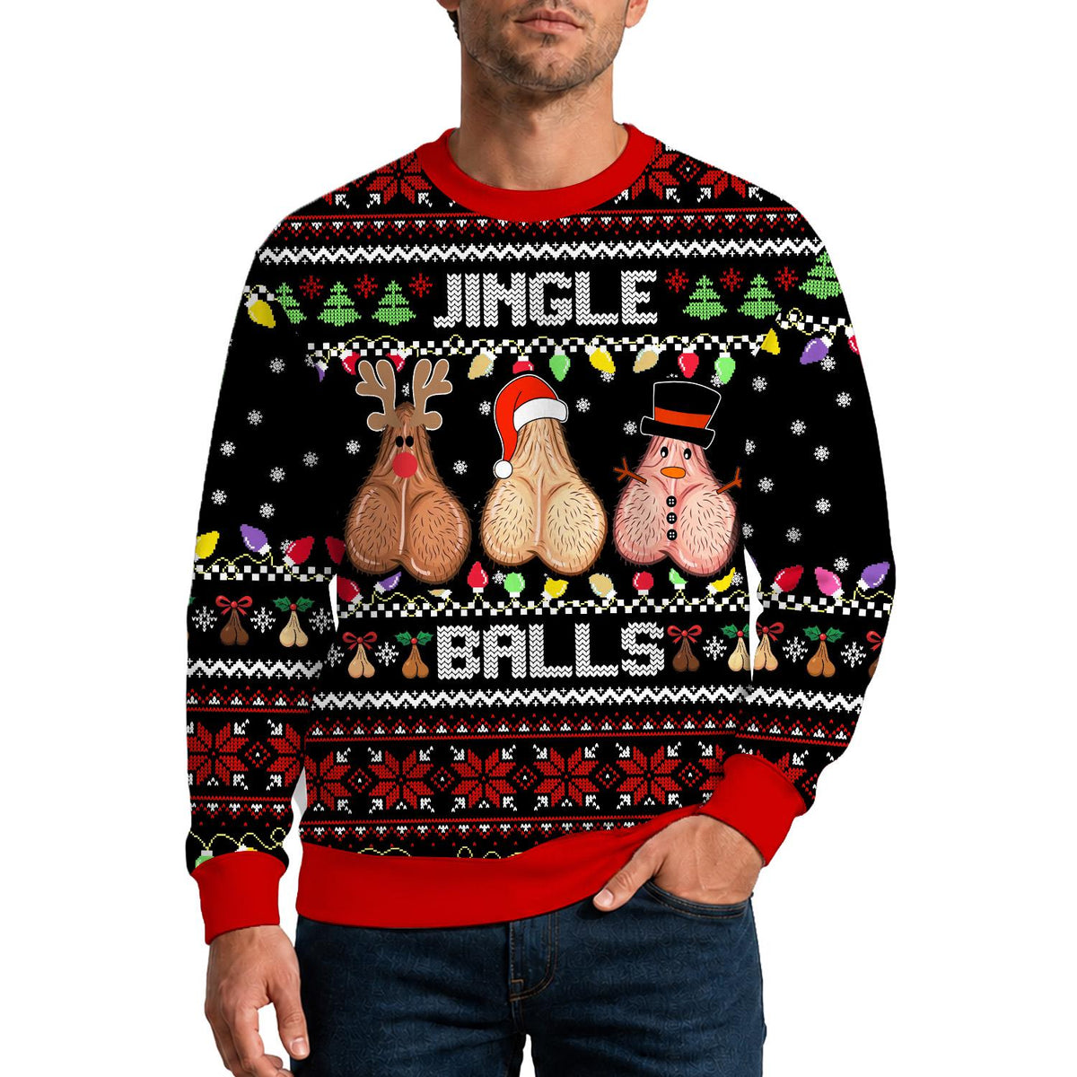 Man wearing the Jingle Balls ugly Christmas sweater