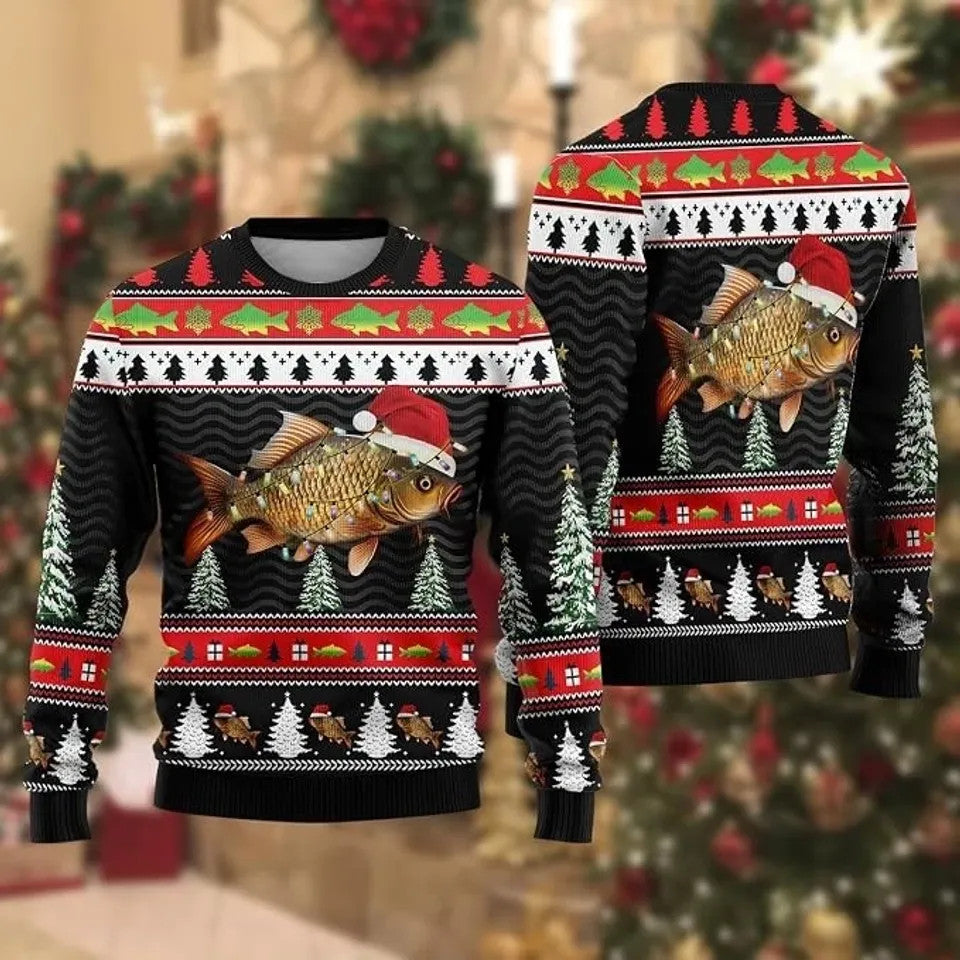 Front and back flats of a black sweater with a carp in a Santa hat wrapped in lights