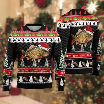 Front and back flats of a black sweater with a carp in a Santa hat wrapped in lights
