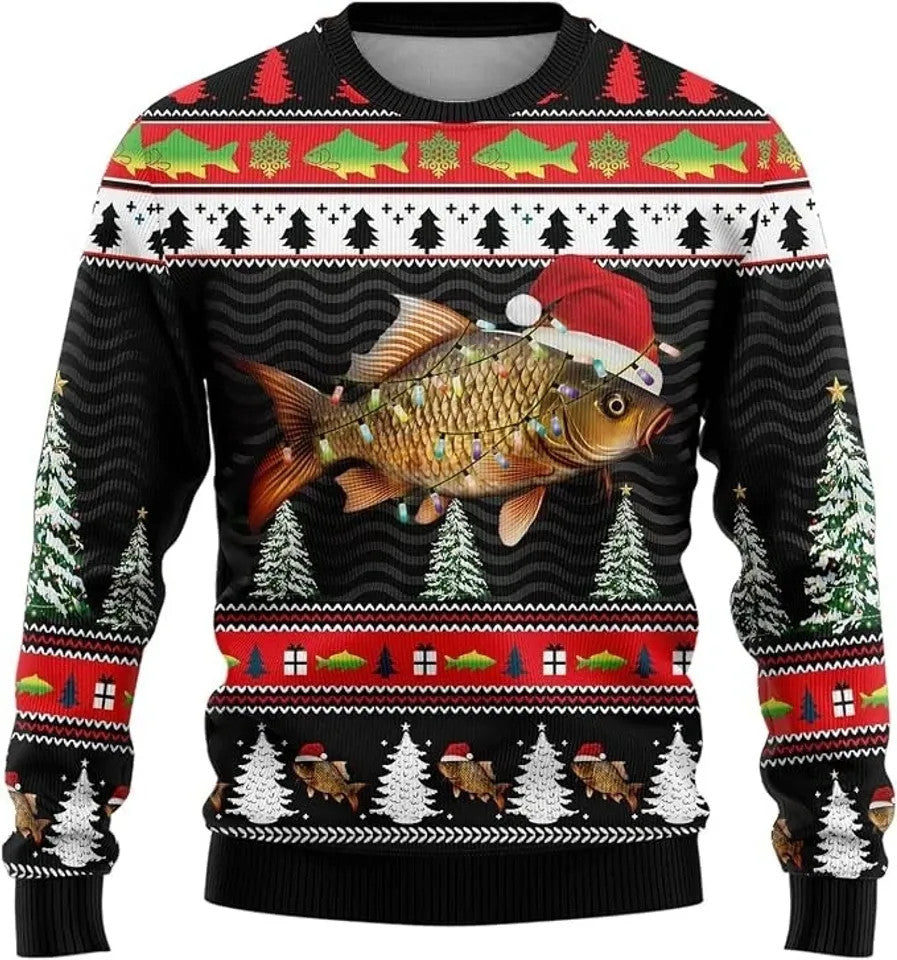 Closer front flat of the lighted carp sweater