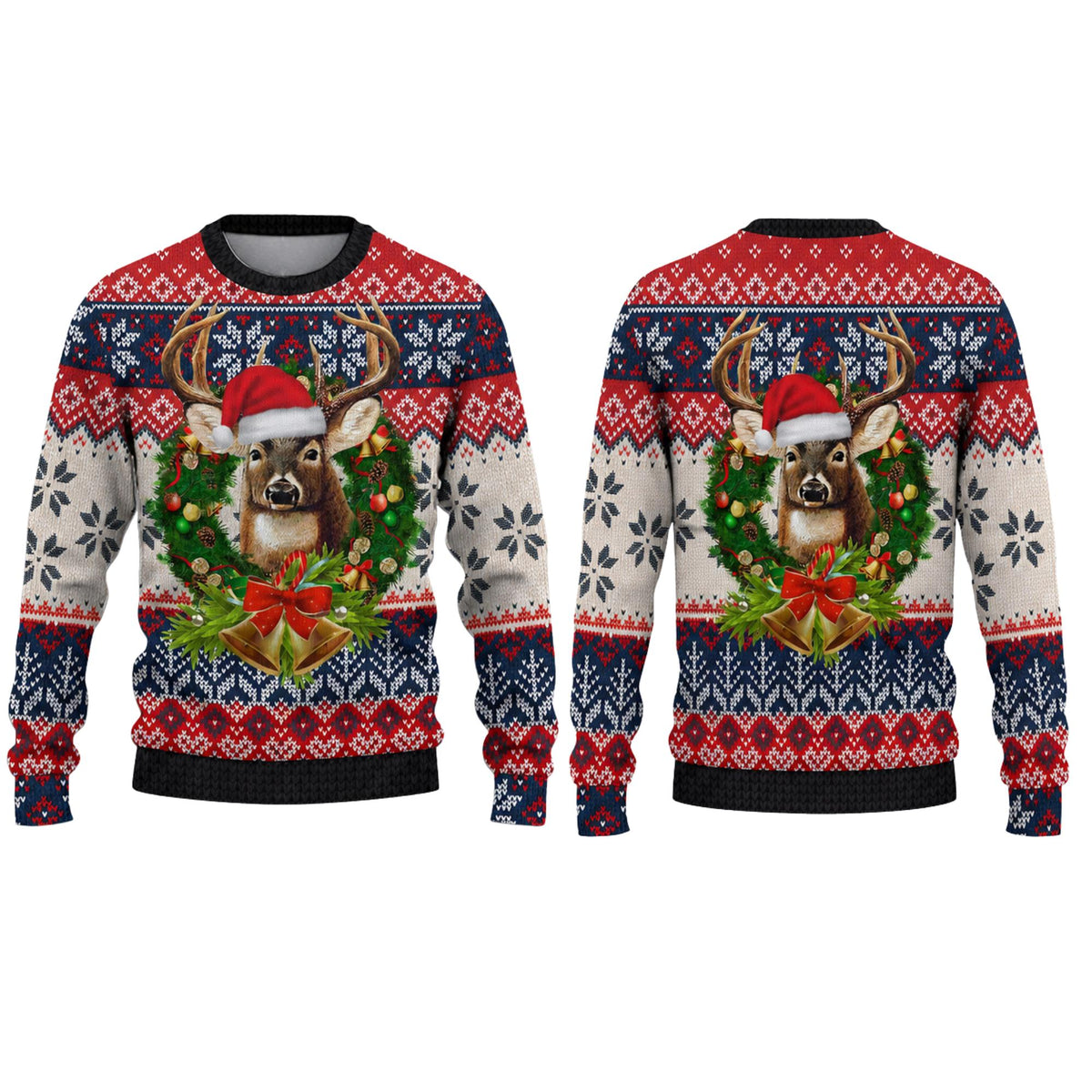 Front and back flats of an ugly Christmas sweater with a buck in a Santa hat inside a wreath